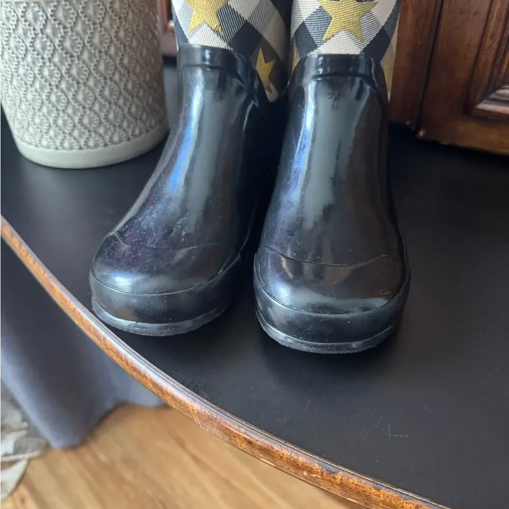Burberry Black Gloss Rain Boots with Gold Star & Plaid Accent